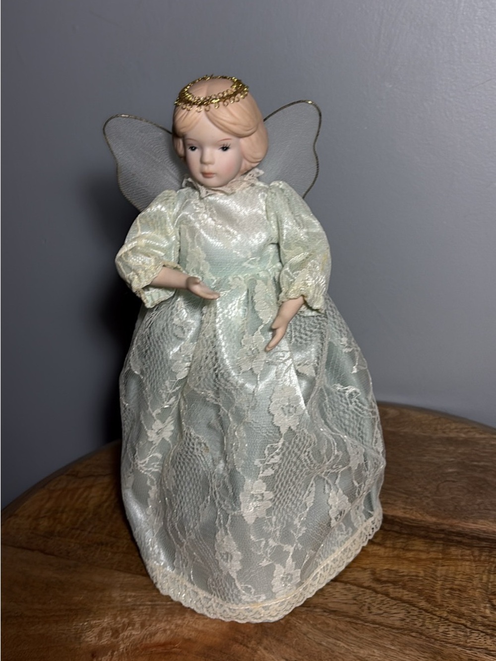 Vintage Porcelain Angel Christmas Tree Topper in Pale Green Lace Dress